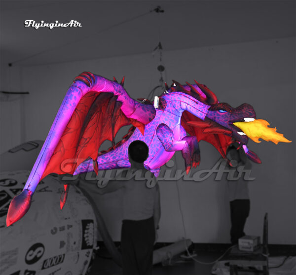 Hanging Led Inflatable Fire Dragon Model 4m Red Lighting Blow Up Flying Dragon Balloon With Wings For Club Party Decoration