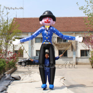 front of blue walking inflatable clown puppet