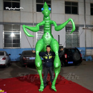front of green walking inflatable mantis puppet