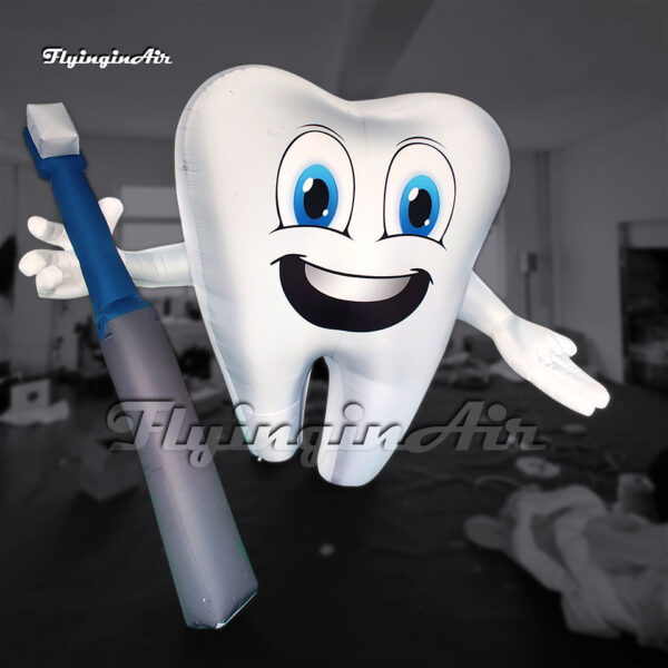 smiling inflatable cartoon tooth holding a toothbrush