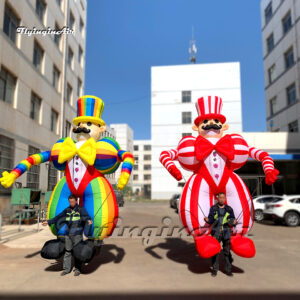 front of colorufl inflatable clown puppet