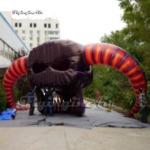 back of giant red inflatable demon skull