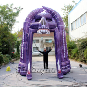 front of inflatable demon skull arched door