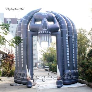 front of inflatable devil skull arch