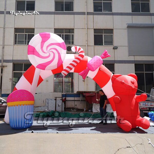 red christmas inflatable arch with bear and sweets