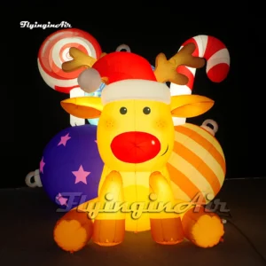 giant inflatable Christmas reindeer with candy cane and ball