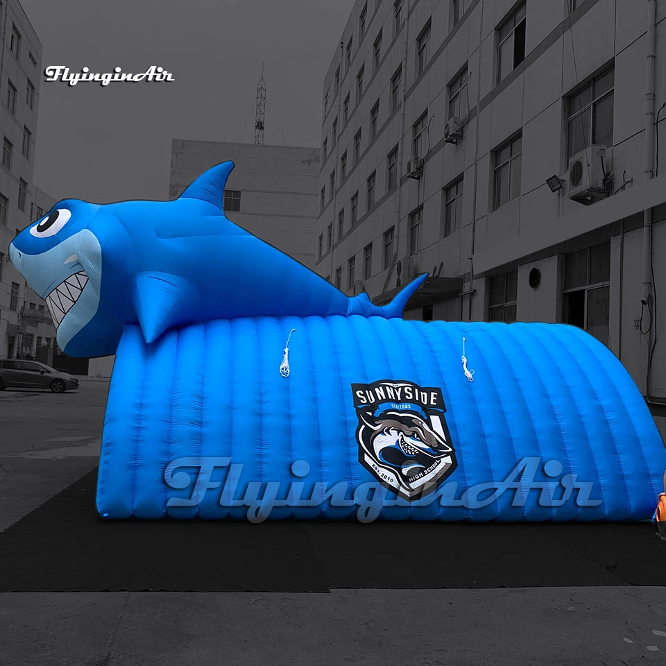 blue giant inflatable shark tunnel football mascot entrance