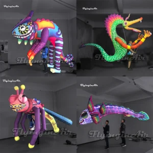 carnival parade alebrije monster puppet inflatable lizard, dragon, dragonfly, fish