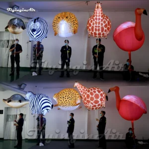 walking parade animal balloon holding inflatable griaffe, leopard, zebra, flamingo, crocodile puppet