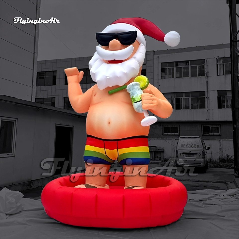 Huge Inflatable Vacation Santa with Black Sunglasses, Rainbow Shorts and Cocktail Glass for Summer Yard Decor