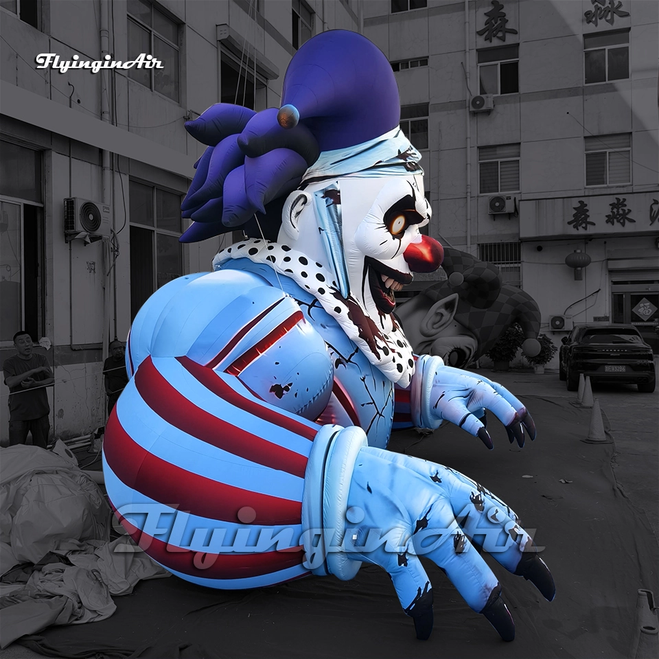 Side profile of a custom 6m giant inflatable evil clown model showing detailed blood stains and striped arms