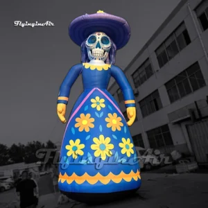 blue giant inflatable La Catrina Sugar Skull Lady with Floral Dress and Sombrero for day of the dead