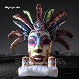 5m Giant Inflatable Carnival Mask with Colorful Feathers, Painted Face and Drum Props for Mardi Gras and Rio Carnival Party Decoration