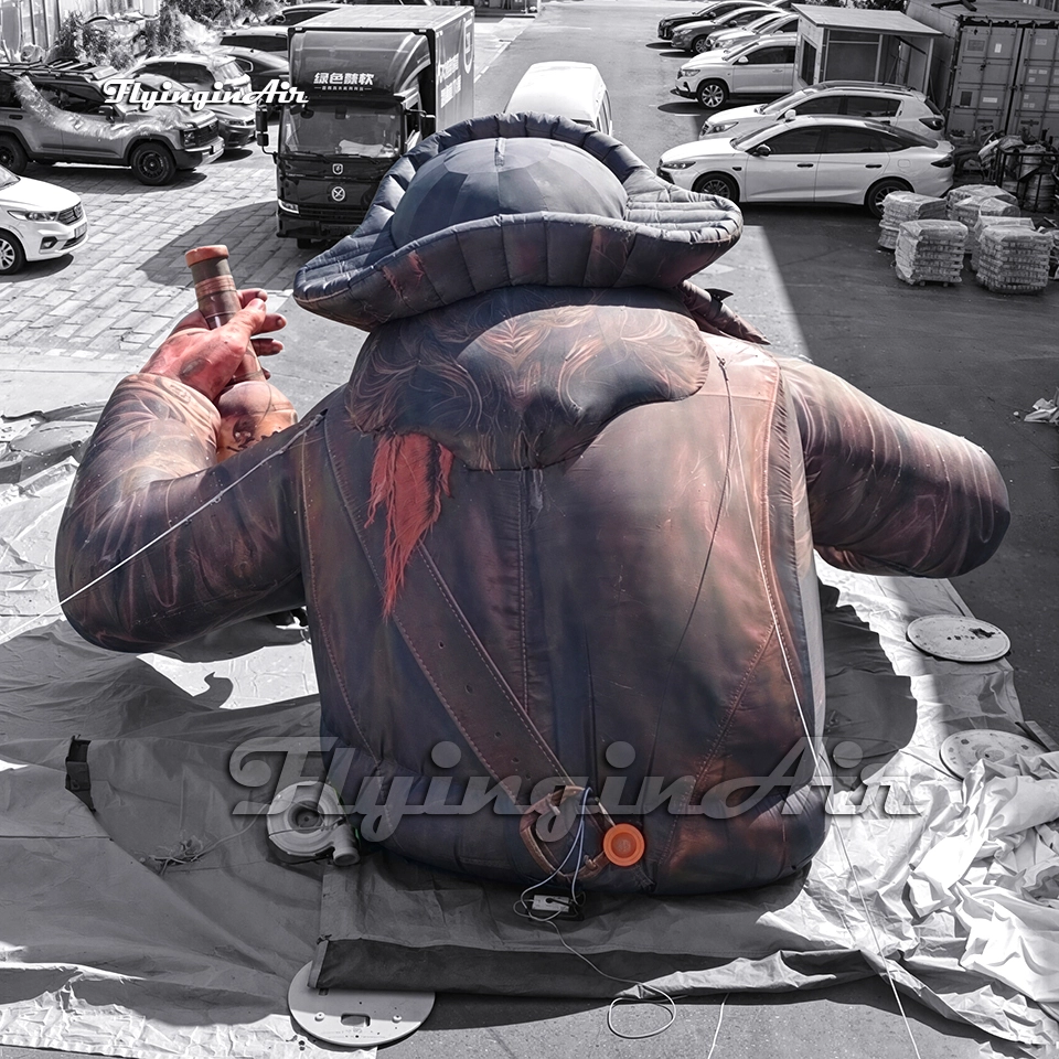 Back view of a custom inflatable pirate model showing the detailed jacket and hat construction, available for wholesale and outdoor advertising.