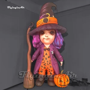 4m Giant Inflatable Cute Witch with Purple Hair, Broom and Pumpkin for Family-Friendly Halloween Yard Decoration
