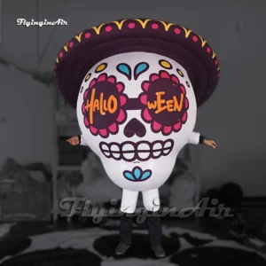 Adult Wearable Inflatable Sugar Skull Head Costume with Sombrero and HALLOWEEN Eye Lettering for Day of the Dead and Halloween Fancy Dress