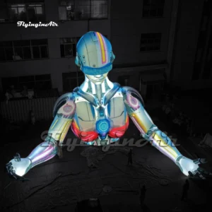 Front view of a giant 10m LED inflatable cyberpunk robot with glowing neon lines and futuristic design, ideal for tech events and mall decoration.