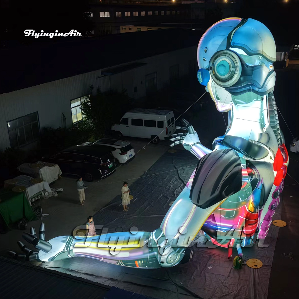 Back view of a giant LED inflatable Artificial Intelligence Robot showing the detailed mechanical spine and glowing neon construction, perfect for outdoor events.