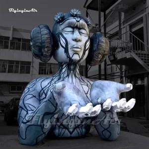 Front view of a 6m Giant Inflatable Meditating Woman Artistic Female Sculpture with Line Art and Flowers, ideal for mall, stage, party decoration