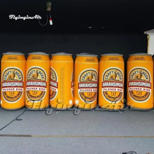 Front view of multiple 2m inflatable craft beer can models with orange Barahsinghe labels, ideal for beer festivals and bar promotions.