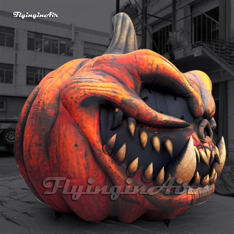 Detailed view of a giant inflatable Halloween pumpkin showing realistic textures and menacing expression, ideal for mall decorations.