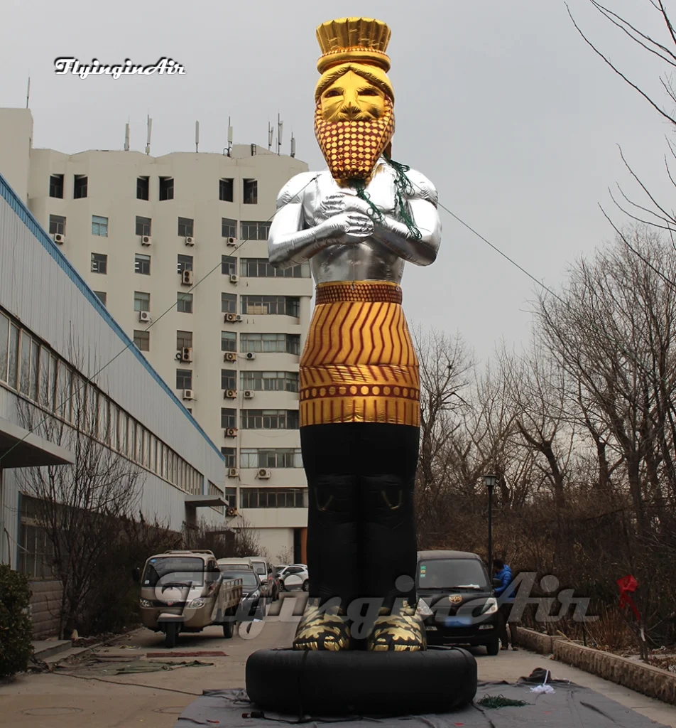 Front view of a 10m giant inflatable ancient pharaoh statue with a golden crown and silver body, ideal for museum exhibitions and cultural festivals.