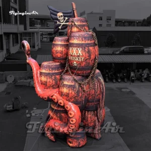 Side view of a giant 6m inflatable pirate whiskey barrel with red octopus tentacles and a skull flag, ideal for bar promotions and parties.