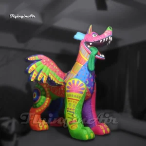 Side view of a giant inflatable colorful Dante Dog Alebrije model with detailed wings and Mexican folk art patterns, perfect for outdoor advertising.