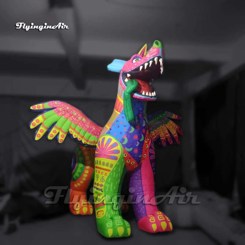 Front view of a custom inflatable Coco Dante Dog Alebrije creature showing sharp teeth and a long tongue, available for wholesale.