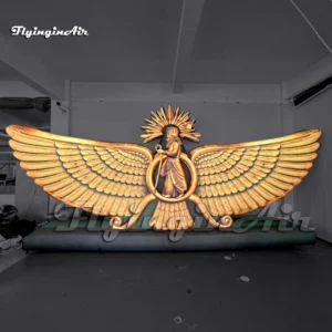 Front view of a 6m length giant inflatable Faravahar sculpture with golden wings and a central ringed figure, ideal for Persian cultural festivals and museum exhibitions.