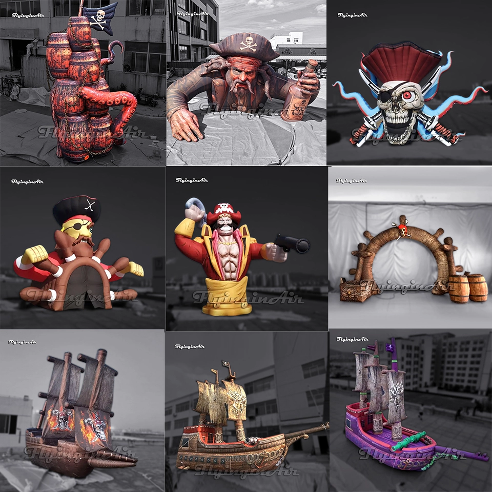 some giant pirate themed inflatables: ship, boat, pirate captain, barrel, skull, tunnel, arch