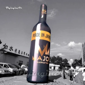 Front view of a 6m giant inflatable Jamaica Rum black liquor bottle model with gold Major Marketing logo and Made in Jamaica label, ideal for bar promotions and music festivals.